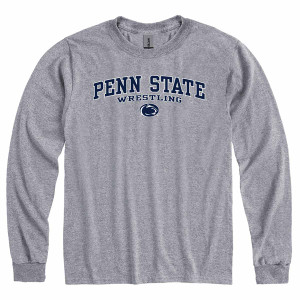 gray long sleeve t-shirt with arched Penn State Wrestling above Athletic Logo